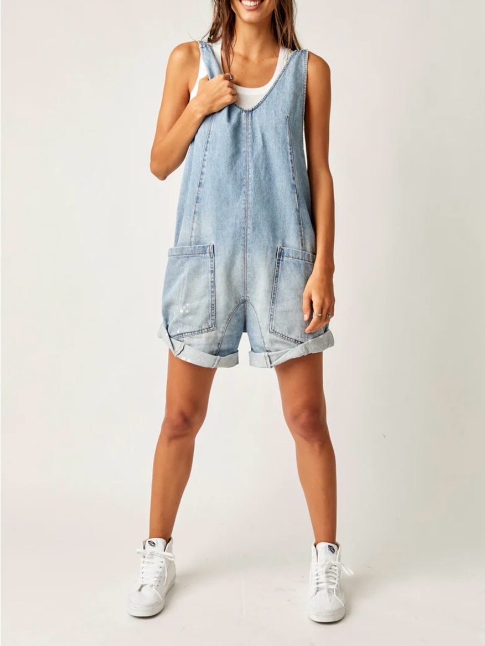 Free People Denim Overalls High Roller Shortalls Bright Eyes Oversized Large